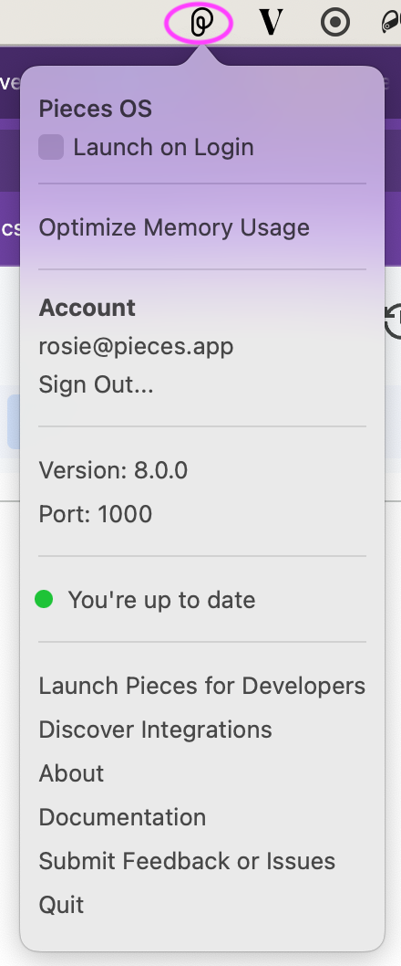 Pieces OS icon in menu bar
