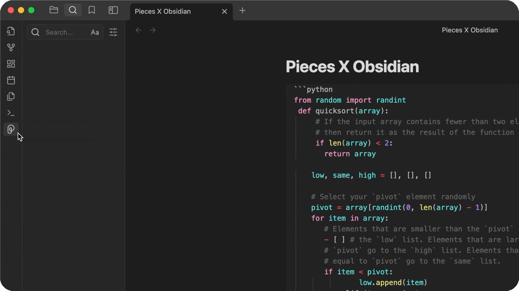 Example of sharing a snippet using the Pieces for Developers Obsidian Plugin.