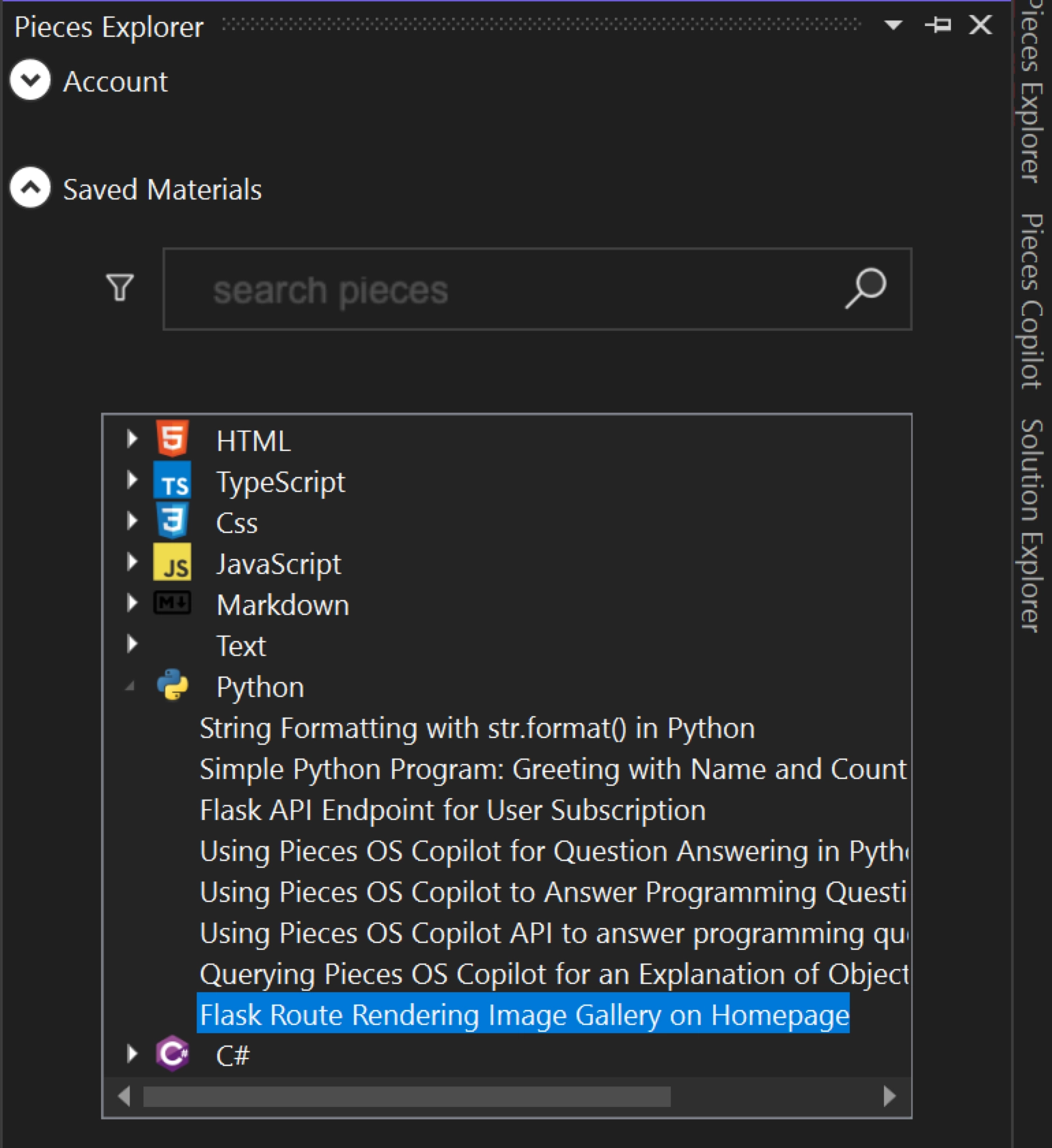 The Pieces Explorer in Visual Studio